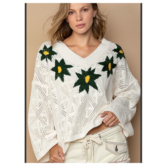 CLEARANCE NOW $28  10 ❤️POL embroidered contrast floral pattern chenille sweater - Picture 2 of 6